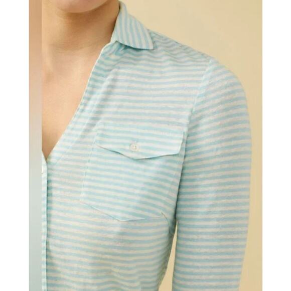 J. McLaughlin Brynn Stripe Linen Long Sleeve Jersey Top Button Shirt Aqua Mint S - Picture 2 of 10